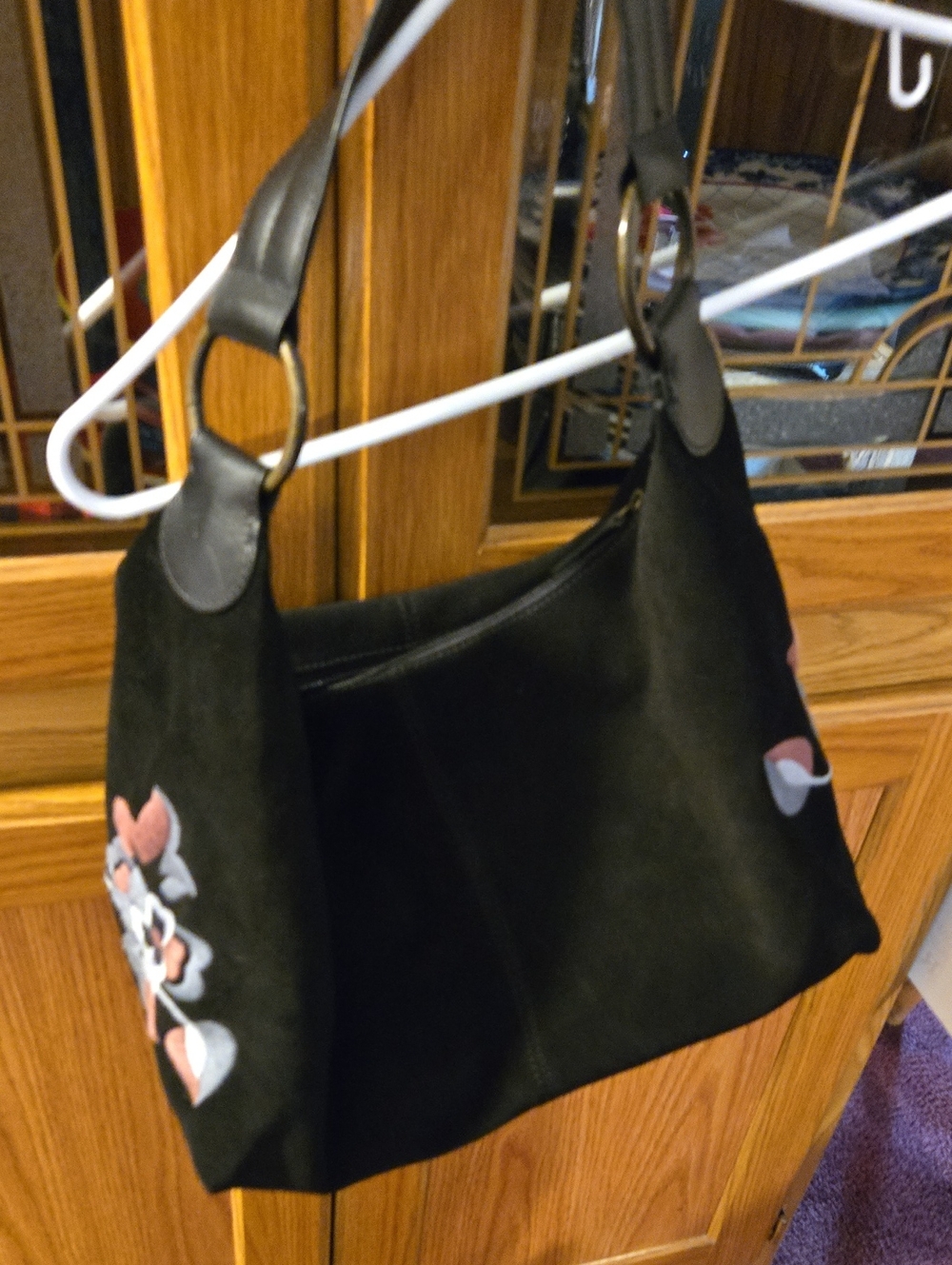 Black suede Floral Appliqué Shoulder Bag